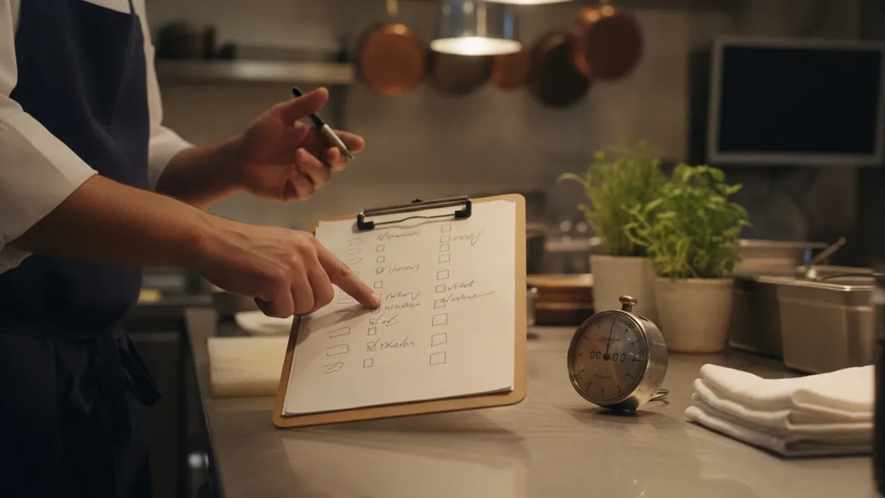 Shift supervisor and cook reviewing a prep checklist in a restaurant kitchen, illustrating job enrichment and delegated responsibility